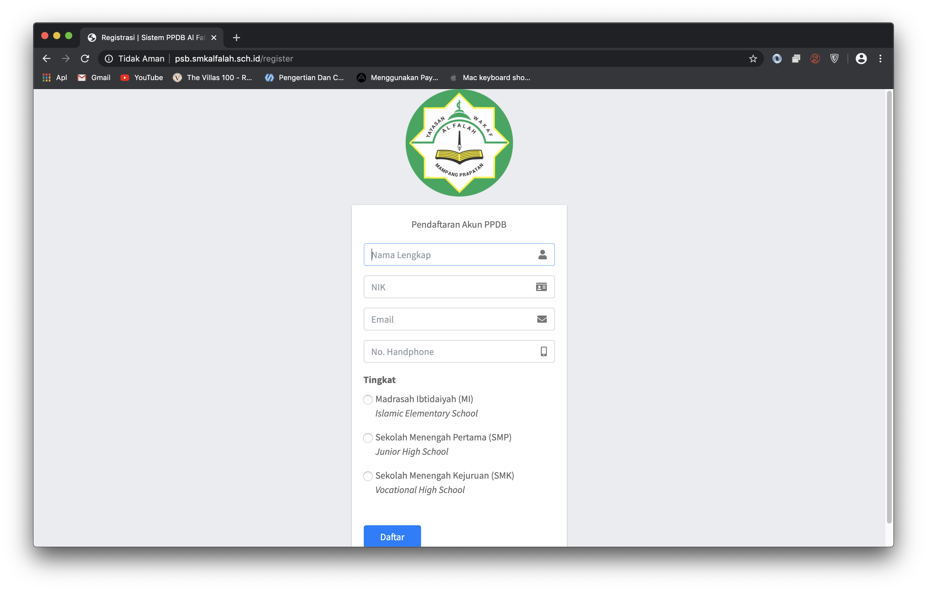 Halaman registrasi PPDB Al Falah