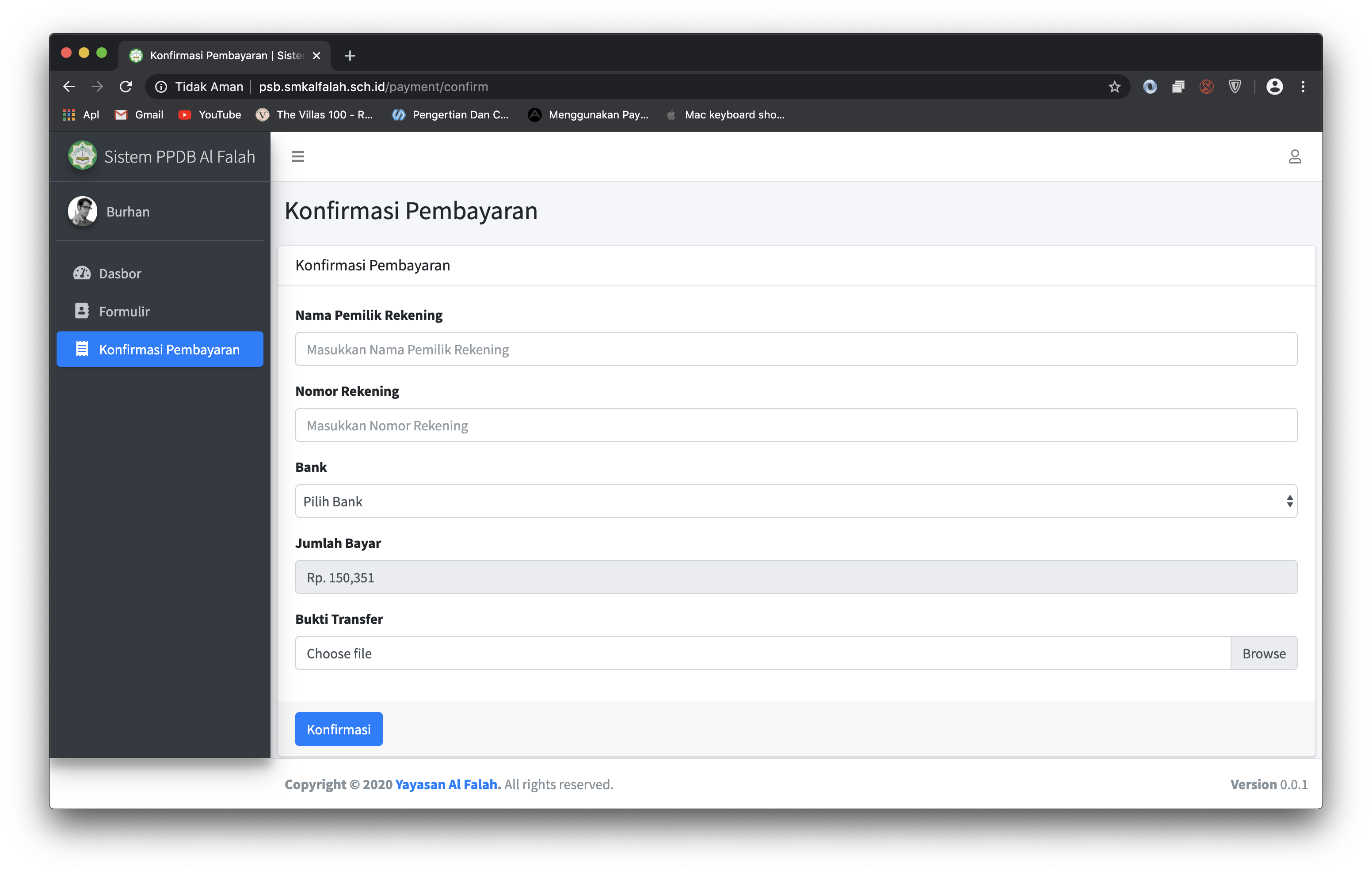 Halaman konfirmasi pembayaran PPDB Al Falah