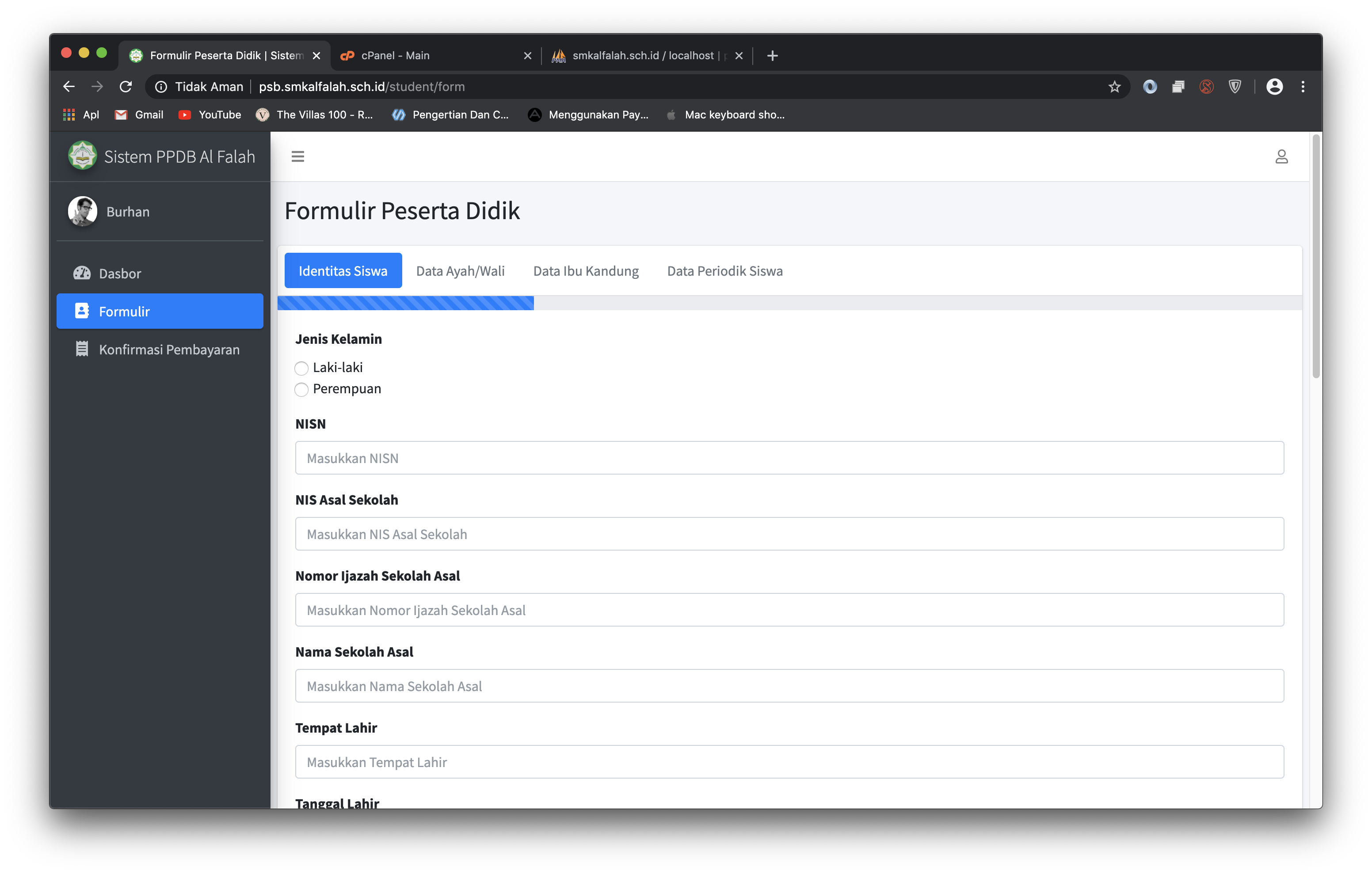 Halaman formulir PPDB Al Falah