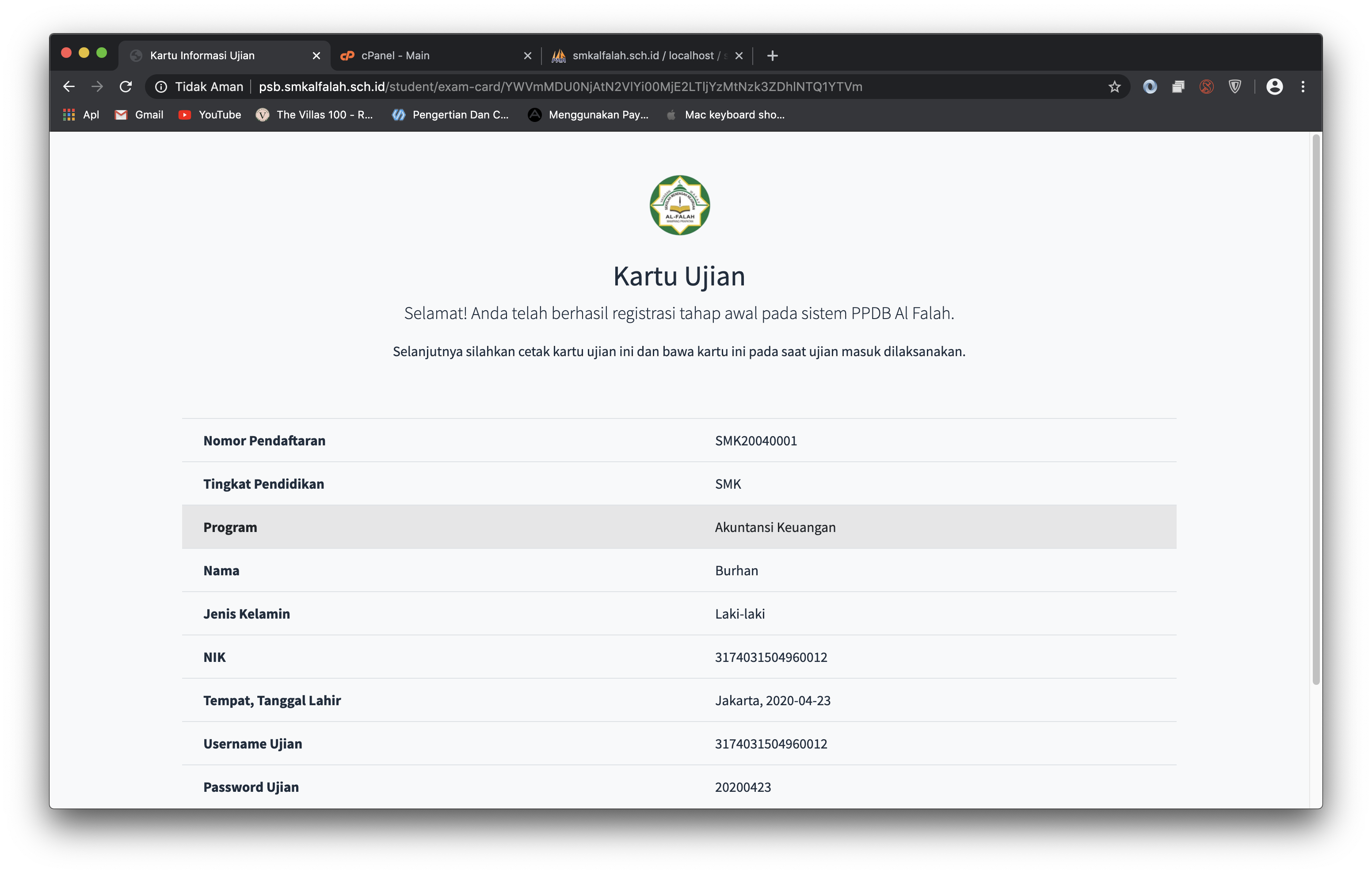 cetak kartu ujian PPDB Al Falah